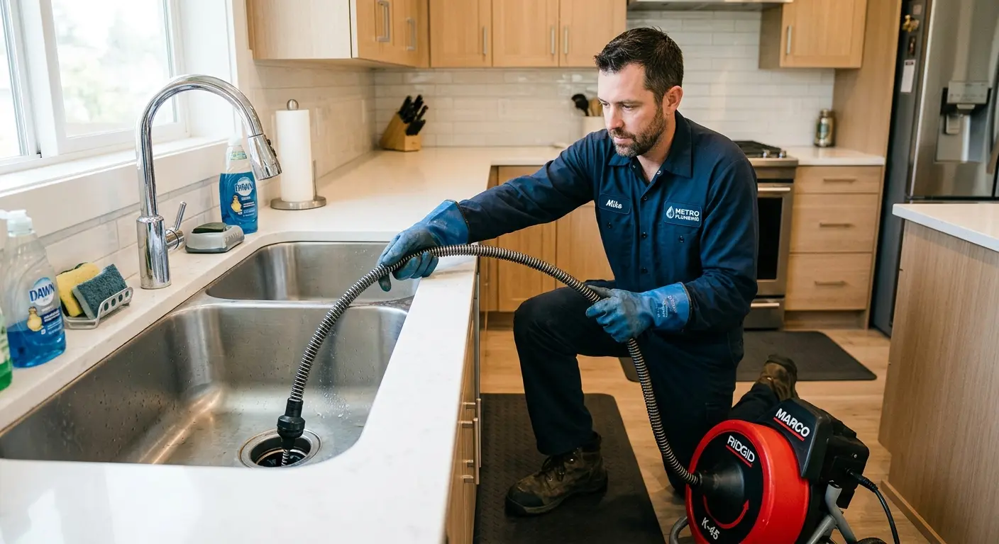 Drain cleaning technician using a motorized snake on a kitchen sink in Fairfield