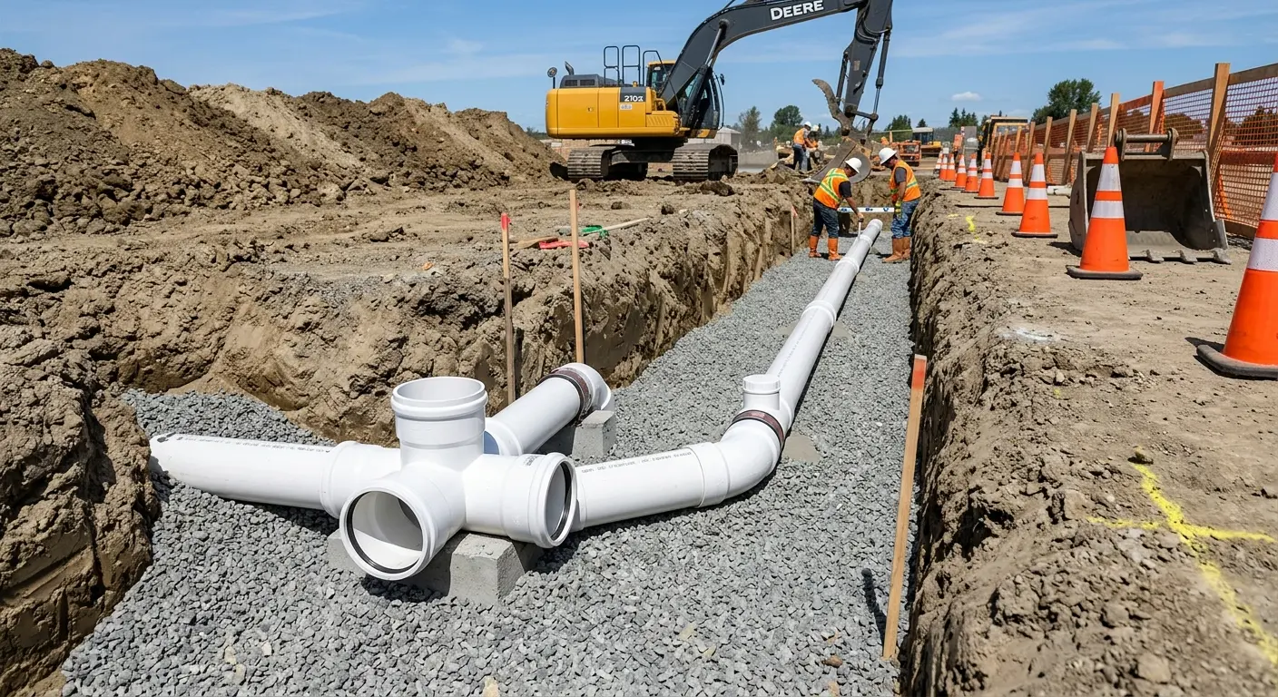 New PVC sewer pipe installation in open trench for Commercial Drain Cleaning in Fairfield